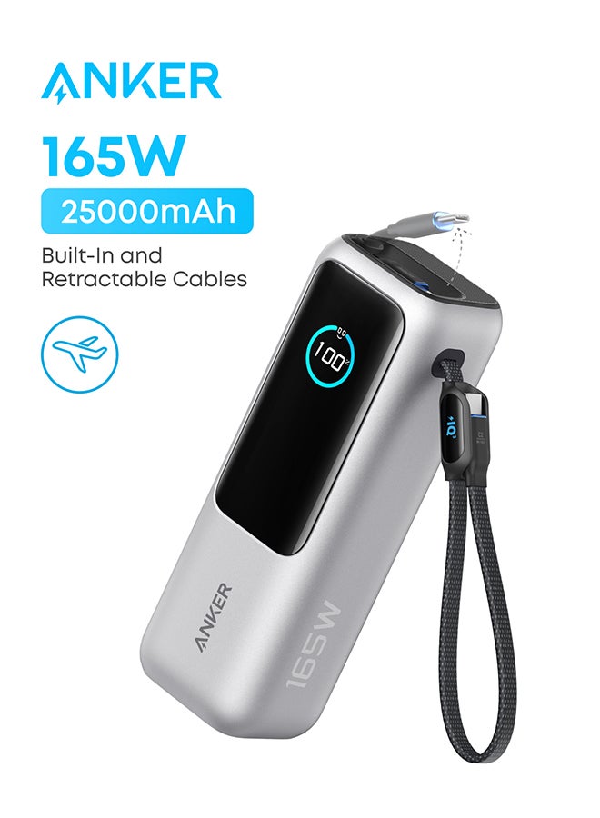 باور بانك، 25,000 مللي أمبير 165 واط شاحن محمول فائق السرعة للكمبيوترين المحمولين، حزمة بطارية شحن سريع مع كابلات مدمجة وقابلة للسحب، لجهاز آيفون 17/16، سامسونج، والمزيد - Image 1